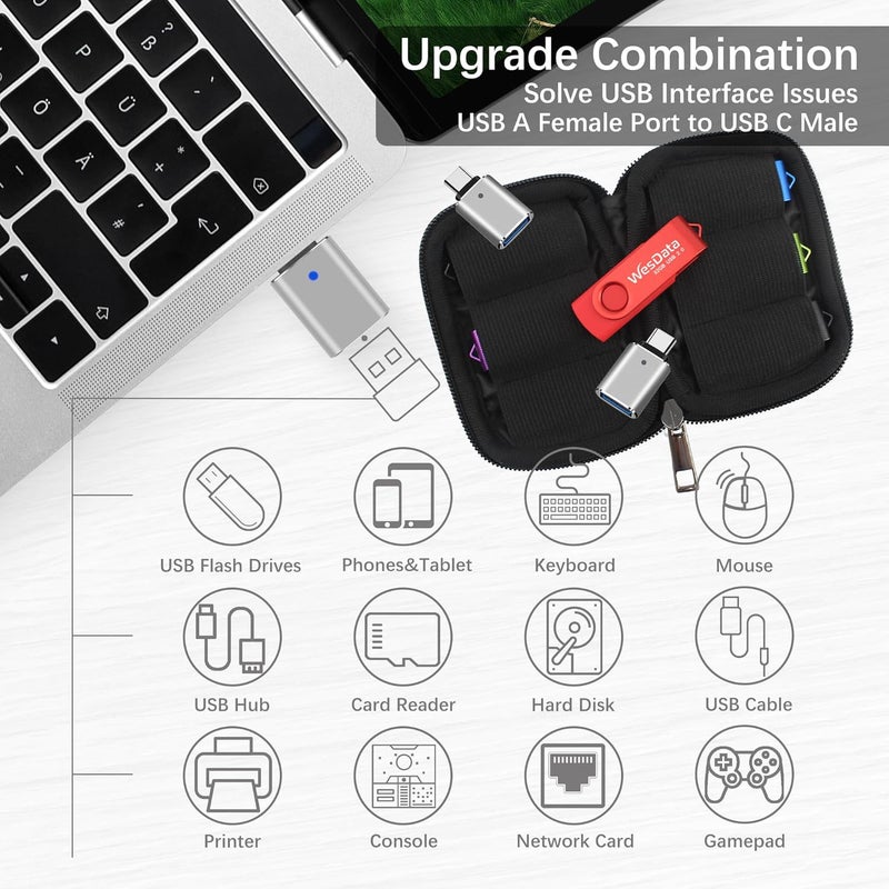 WesData 5 Pack 64GB USB Flash Drive and 2 Pack USB C Adapters in a Case, Thumb Drives Memory Stick Storage and Backup for Smart Phones with Type C Port, Laptops, PC(5 Colors) (64, GB) - Image 2